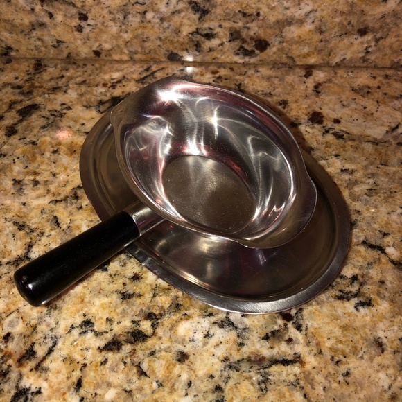 MID CENTURY MODERN Stainless Steel Gravy Boat with Black Wood Handle Vintage - Picture 6 of 16